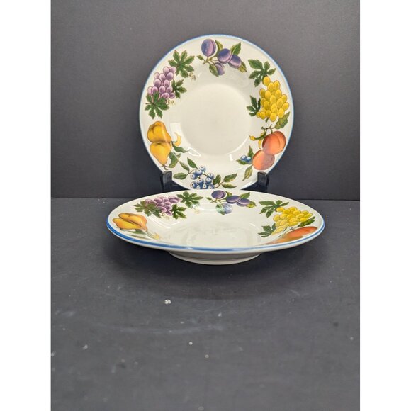 Tabletops Unlimited Stoneware Essence Rimmed Soup Bowl Fruit Pattern Set of 2 - Picture 2 of 6